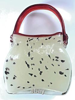 Handblown Murano Style Dalmatian Milk Glass Purse Vase Hat Dish Red Accent 01014