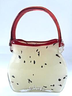 Handblown Murano Style Dalmatian Milk Glass Purse Vase Hat Dish Red Accent 01014