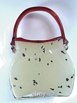 Handblown Murano Style Dalmatian Milk Glass Purse Vase Hat Dish Red Accent 01014