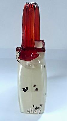 Handblown Murano Style Dalmatian Milk Glass Purse Vase Hat Dish Red Accent 01014