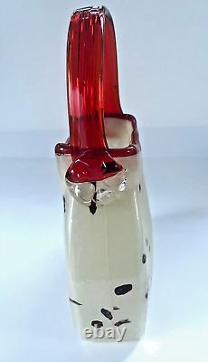 Handblown Murano Style Dalmatian Milk Glass Purse Vase Hat Dish Red Accent 01014