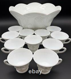 Harvest Grapes & Leaves Milk Glass 12 Piece Punch Bowl Set By Colony