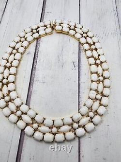 Hattie Carnegie White Milk Glass Necklace Triple Layer Gold Tone Choker 14 READ