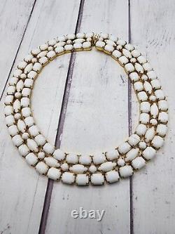 Hattie Carnegie White Milk Glass Necklace Triple Layer Gold Tone Choker 14 READ