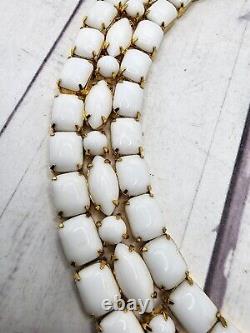 Hattie Carnegie White Milk Glass Necklace Triple Layer Gold Tone Choker 14 READ