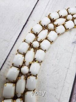 Hattie Carnegie White Milk Glass Necklace Triple Layer Gold Tone Choker 14 READ