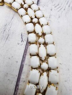 Hattie Carnegie White Milk Glass Necklace Triple Layer Gold Tone Choker 14 READ