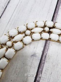 Hattie Carnegie White Milk Glass Necklace Triple Layer Gold Tone Choker 14 READ