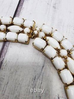 Hattie Carnegie White Milk Glass Necklace Triple Layer Gold Tone Choker 14 READ