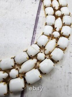 Hattie Carnegie White Milk Glass Necklace Triple Layer Gold Tone Choker 14 READ