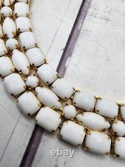 Hattie Carnegie White Milk Glass Necklace Triple Layer Gold Tone Choker 14 READ