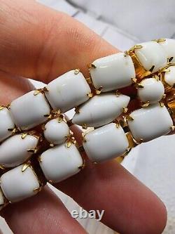 Hattie Carnegie White Milk Glass Necklace Triple Layer Gold Tone Choker 14 READ