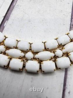 Hattie Carnegie White Milk Glass Necklace Triple Layer Gold Tone Choker 14 READ