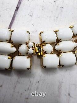 Hattie Carnegie White Milk Glass Necklace Triple Layer Gold Tone Choker 14 READ