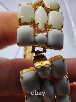 Hattie Carnegie White Milk Glass Necklace Triple Layer Gold Tone Choker 14 READ