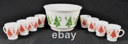 Hazel Atlas Christmas Tree Milk Glass Punch Bowl and 8 Cups Mugs Vintage Set
