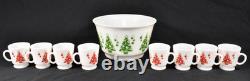 Hazel Atlas Christmas Tree Milk Glass Punch Bowl and 8 Cups Mugs Vintage Set