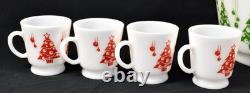 Hazel Atlas Christmas Tree Milk Glass Punch Bowl and 8 Cups Mugs Vintage Set