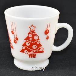 Hazel Atlas Christmas Tree Milk Glass Punch Bowl and 8 Cups Mugs Vintage Set