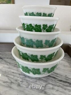 Hazel Atlas Ivy Mixing Bowl Set 5 Nesting Bowls Green White Glass Kitchen Vtg