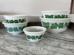 Hazel Atlas Ivy Mixing Bowl Set 5 Nesting Bowls Green White Glass Kitchen Vtg