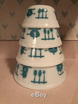 Hazel Atlas Kitchen Aids Mixing Bowl Set 4 Turquoise Milk Glass Bowls Excellent