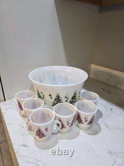 Hazel Atlas Milk Glass Green Red Christmas Tree Egg Nog Punch Bowl & 6 Cups EXC