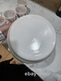 Hazel Atlas Milk Glass Green Red Christmas Tree Egg Nog Punch Bowl & 6 Cups EXC