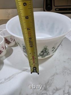 Hazel Atlas Milk Glass Green Red Christmas Tree Egg Nog Punch Bowl & 6 Cups EXC