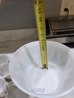 Hazel Atlas Milk Glass Green Red Christmas Tree Egg Nog Punch Bowl & 6 Cups EXC