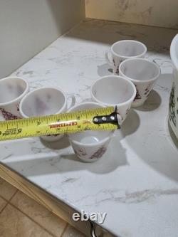 Hazel Atlas Milk Glass Green Red Christmas Tree Egg Nog Punch Bowl & 6 Cups EXC