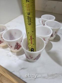 Hazel Atlas Milk Glass Green Red Christmas Tree Egg Nog Punch Bowl & 6 Cups EXC