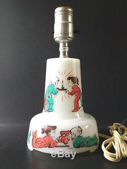 Hazel Atlas Platonite Milk Glass Child's Lamp Vintage 1956 Pink Turquoise Print