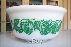 Hazel Atlas Platonite Milk Glass Green Strawberry Mixing Bowl Very RARE