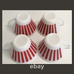 Hazel Atlas Red White Candy Stripe Milk Glass Tea/Coffee Cup & Saucer-SET OF 4