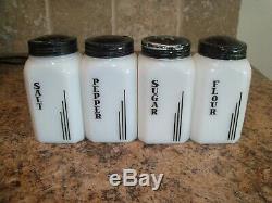 Hazel Atlas VERTICAL LINES Milk Glass Range Shakers Salt Pepper Sugar Flour