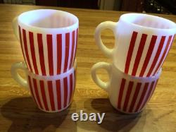 Hazel Atlas Vintage Milk Glass Mugs With Red Stripes Pattern Set Of Four
