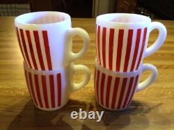 Hazel Atlas Vintage Milk Glass Mugs With Red Stripes Pattern Set Of Four