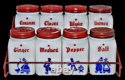 Hazel Atlas White Milk Glass 8 Piece Dutch Spice Set with Rack All Original