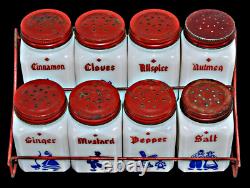 Hazel Atlas White Milk Glass 8 Piece Dutch Spice Set with Rack All Original