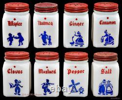 Hazel Atlas White Milk Glass 8 Piece Dutch Spice Set with Rack All Original