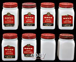 Hazel Atlas White Milk Glass 8 Piece Dutch Spice Set with Rack All Original