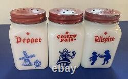 Hazel Atlas White Milk Glass 8 Piece Dutch Spice Set with Rack All Original