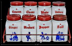 Hazel Atlas White Milk Glass 8 Piece Dutch Spice Set with Rack All Original