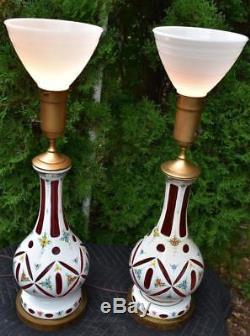 Heavy Crystal White cut to Red Bohemian Floral and Milk Glass Shade Table Lamps