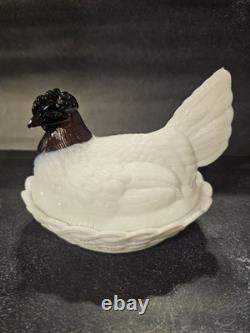 Hen On Nest Fenton Amethyst Head On Milk Glass Body Chicken Hen on Nest Vintage