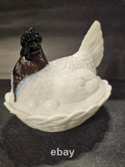 Hen On Nest Fenton Amethyst Head On Milk Glass Body Chicken Hen on Nest Vintage