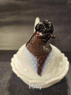 Hen On Nest Fenton Amethyst Head On Milk Glass Body Chicken Hen on Nest Vintage