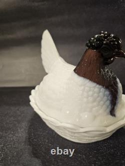 Hen On Nest Fenton Amethyst Head On Milk Glass Body Chicken Hen on Nest Vintage
