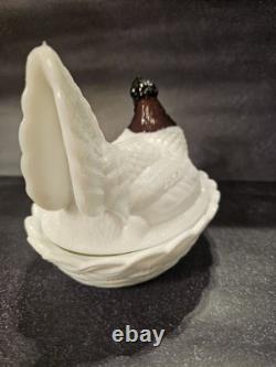 Hen On Nest Fenton Amethyst Head On Milk Glass Body Chicken Hen on Nest Vintage